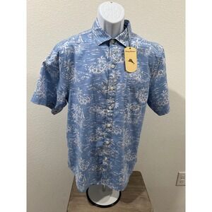 Tommy Bahama Mens Cabo Blue Tropical Palm Tree Sailboat Cotton Shirt Size M NEW